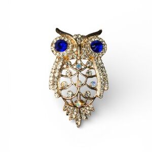 Mint Blue and Clear Crystal Owl Brooch